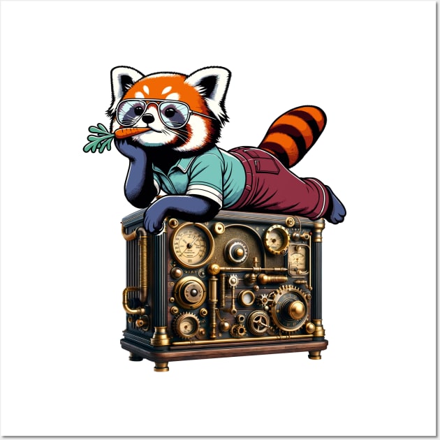 Red Panda Relaxing on Vintage Radio - Unique Digital Art Wall Art by TimeWarpWildlife